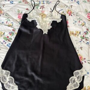 Vintage Victoria's Secret Black Slip Dress with Cream Lace Trim